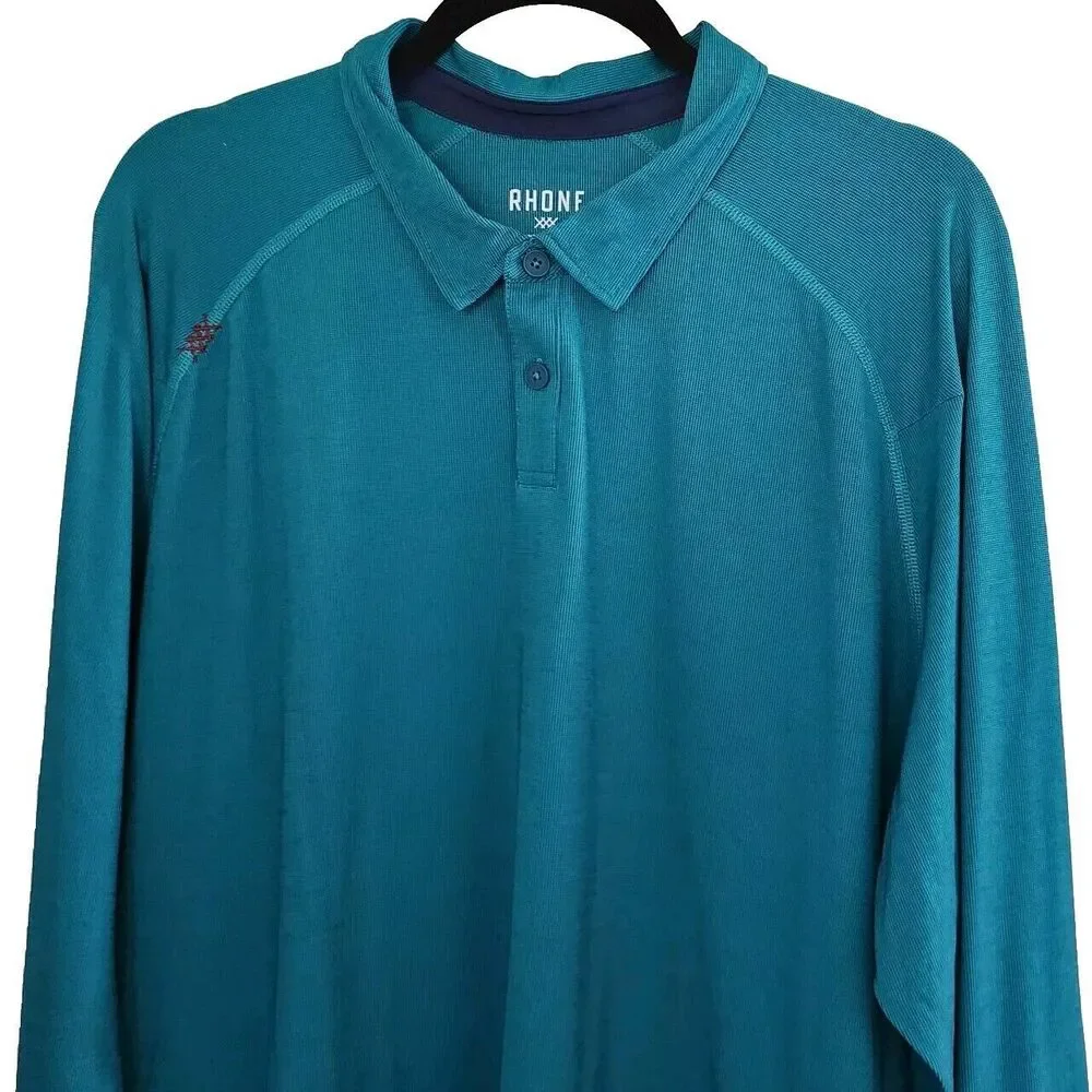 Rhone Mens Delta Pique Long Sleeve Polo Shirt Teal Green Deep XXL Goldfusion - Picture 13 of 13